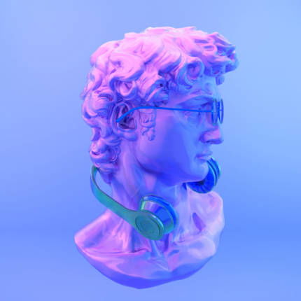 Gypsum statue of David's head. Creative. Plaster statue of David's head in blue sunglasses and crown. Minimal concept art.