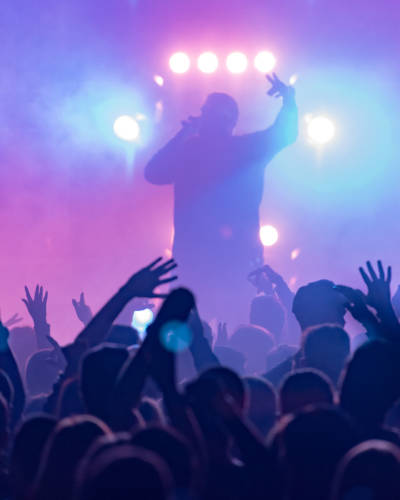 concert, silhouettes of happy people raising up hands, Music sho