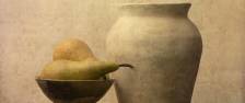 Fruit still life with pears on wooden table. Vintage rustic food image with artistic texture effect.