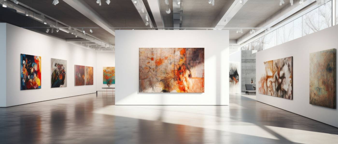 An art gallery with beautiful paintings displayed on minimalist white walls. Generative AI