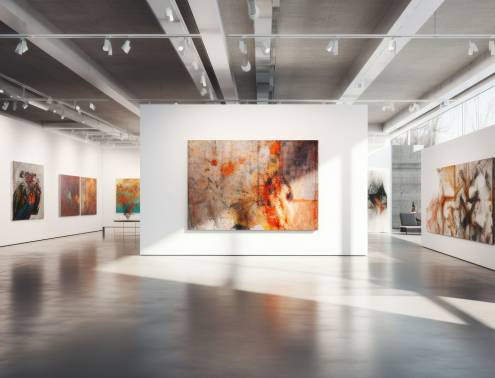 An art gallery with beautiful paintings displayed on minimalist white walls. Generative AI