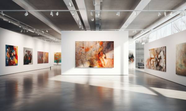 An art gallery with beautiful paintings displayed on minimalist white walls. Generative AI