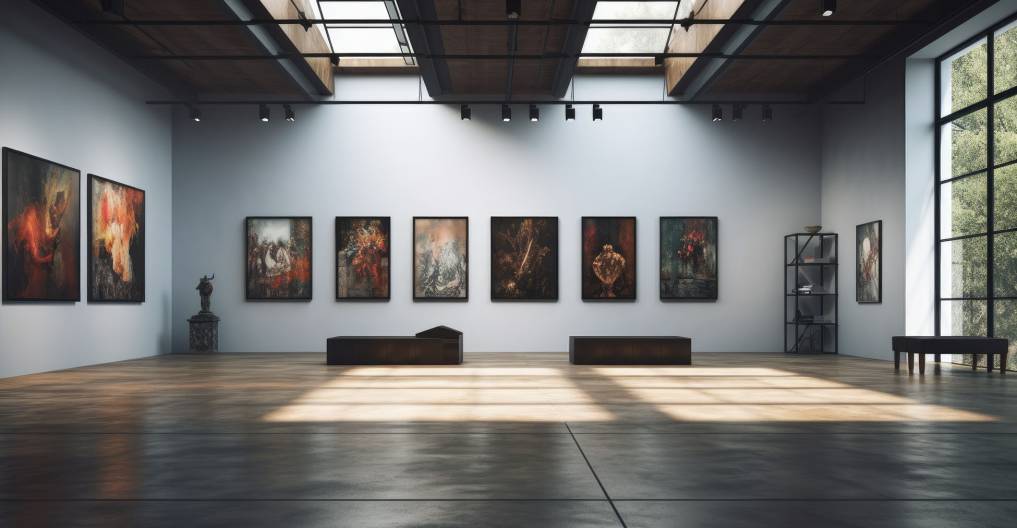 An art gallery with beautiful paintings displayed on minimalist white walls. Generative AI