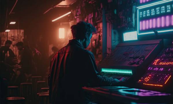 Retro Futurism: Synthwave Musician in Underground Club. Generati