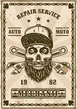 Bearded skull in cap and crossed adjustable wrenches poster in vintage style vector illustration. Layered, separate grunge textures and text